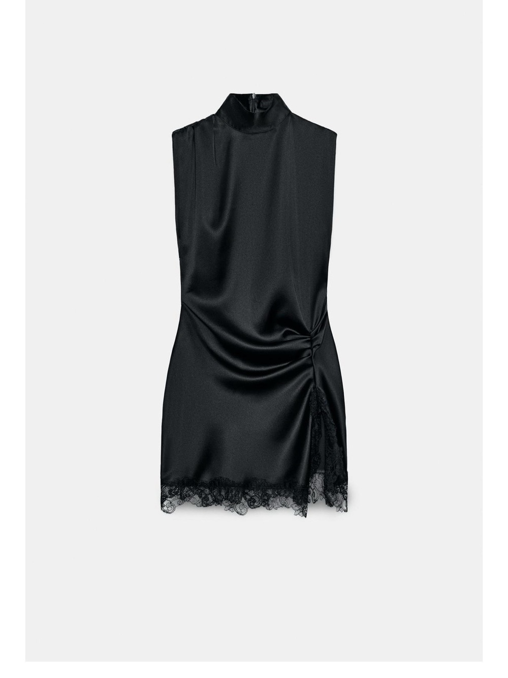 NWT - Zara Black Satin Lace-Trim High-Neck Mini Slip Dress